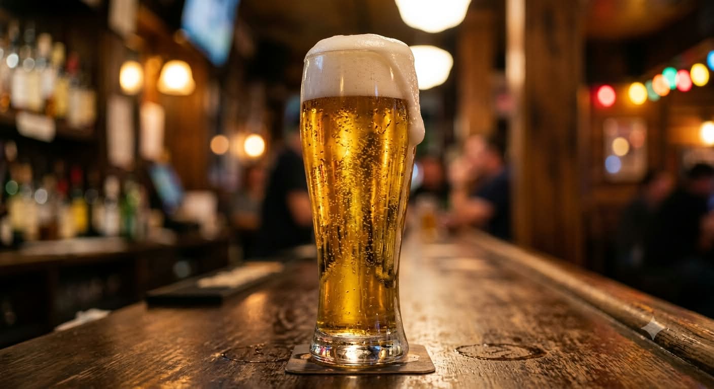 A tall glass of beer on a bar