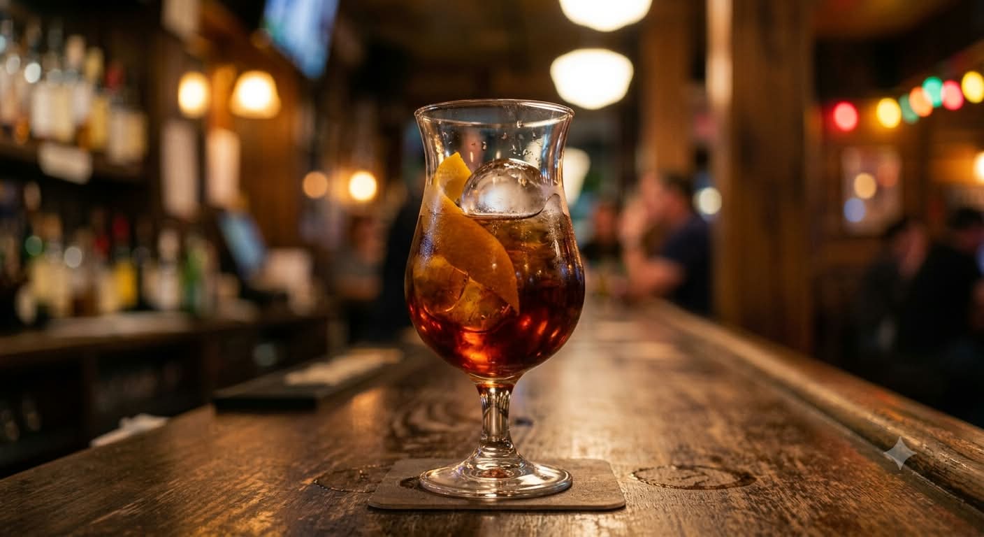 A rum drink with an orange twist on a bar