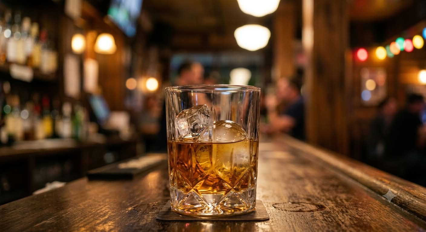 A whiskey on the rocks on a bar